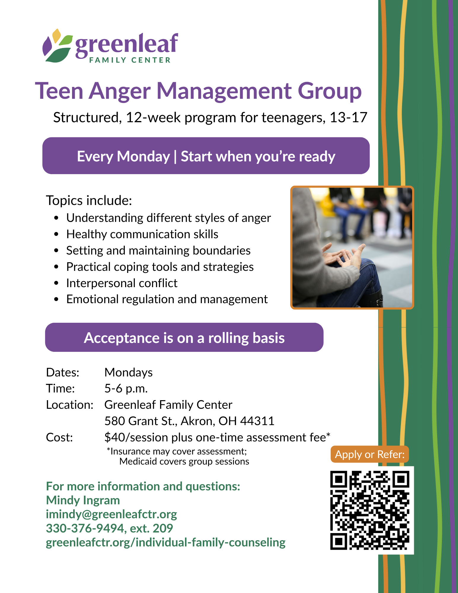 Teen Anger Management Group Flier with QR code